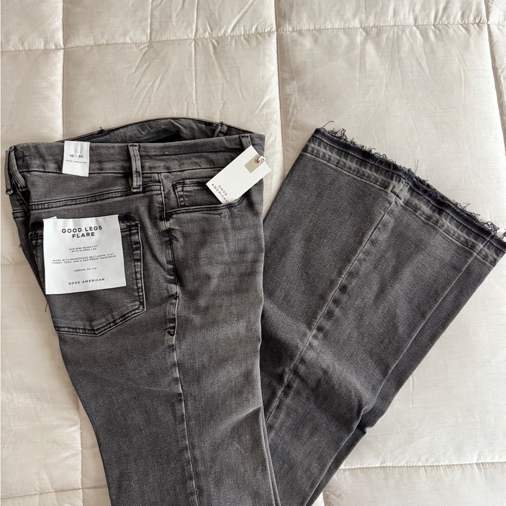 Good American Washed Gray Good Legs Flare Jeans with Raw Hem